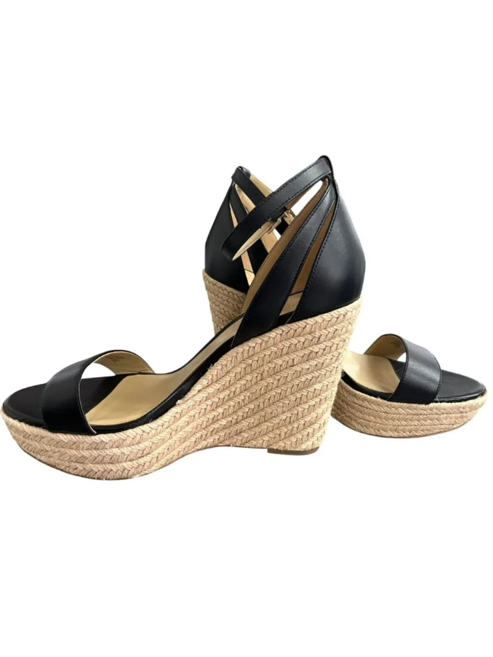 Michael Kors Kimberly Black Leather Espadrille Wedge Sandals Size 10M
